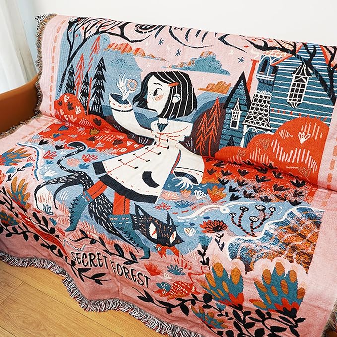Double-Sided Cotton Woven Throw Blanket with Tassel Jungle Bohemian Style Tapestry Shawl Multi-Function Decorative Throws for Sofa Bed Armchair Camping Blanket Tablecloth Carpet 160x130cm