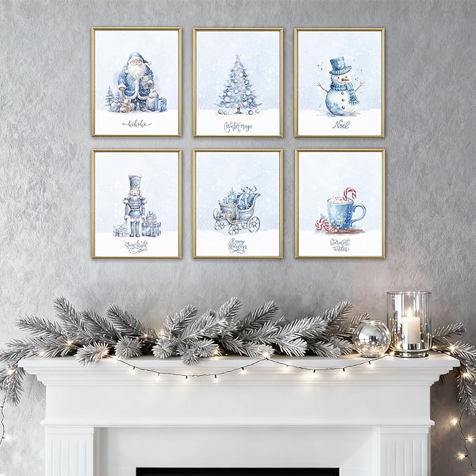 WINDVALE Blue Christmas Wall Art Prints – Nordic Holiday Posters with Santa, Snowman, Nutcracker & Tree – Cozy Winter Farmhouse Decor for Living Room or Fireplace (8x10 Unframed)