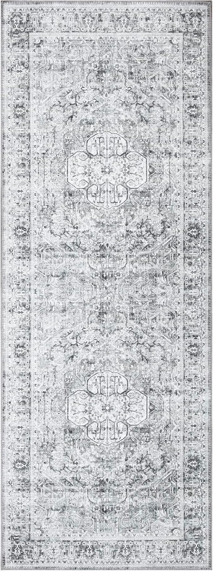 Bloom Rugs Washable Non-Slip 12 ft Runner - Gray/Charcoal Traditional Medallion Runner for Entryway, Hallway, Bathroom, and Kitchen - Exact Size: 2.5' x 12'