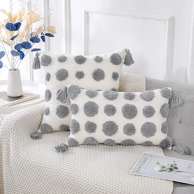 PANOD Super Soft Farmhouse Decorative Plush Throw Pillow Covers 20 x 20 Grey,Solid Pom pom Tufted with Tassels Modern Accent Boho Square Cushion Cover Pillow Case for Couch Sofa