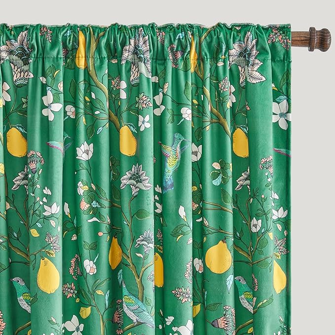MUSSEL Velvet Whimsical Floral Curtains 63 inches Long,Dark Green Luxury Botanical Room Darkening Curtain Drapes,2 Panels Mid Century Hummingbird Art Deco Window Curtains for Living Room Bedroom