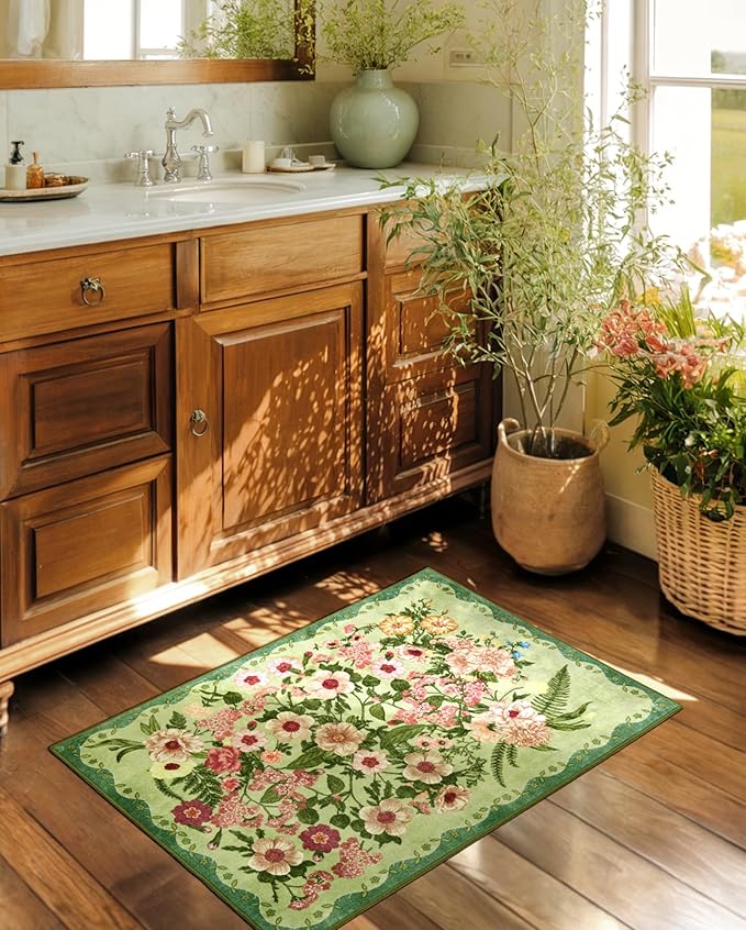Door Mat Indoor Entrance 2x3 - Floral Rug Washable Small Area Rug Non-Slip Low Pile Rugs for Entryway, Kitchen, Bedroom, Entry, Bathroom - Green