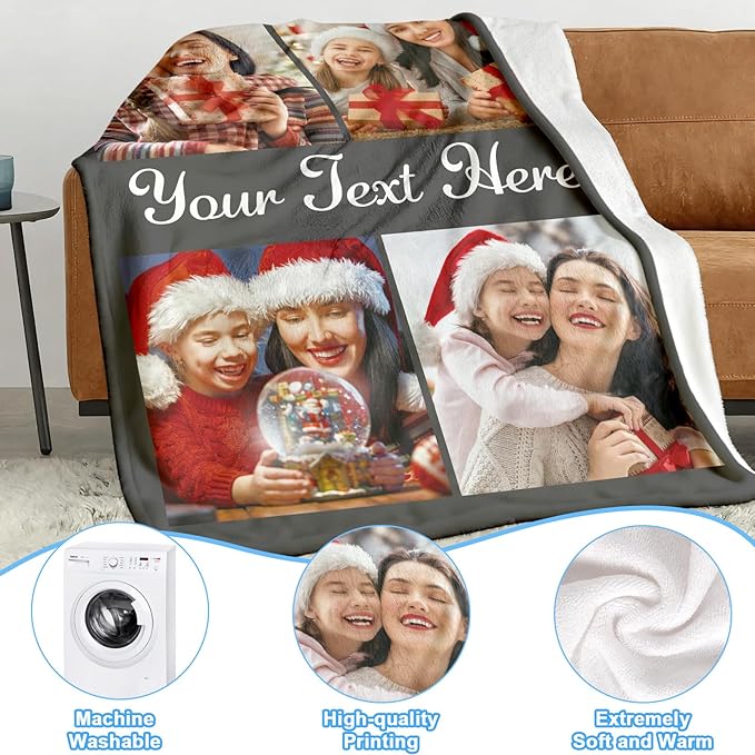 Jecivila Custom Blanket with Picture Text Personalized Photo Throw Blankets for Kids Family Dad Mom, Customized Gift for Christmas Birthday