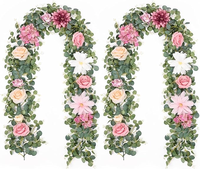 Waipfaru 2Pcs Artificial Flower Garland Decorations, 12.14Ft Eucalyptus Greenery Vines with Pink Roses for Wedding Table Runner Centerpieces Backdrop Room Decor (Pink)
