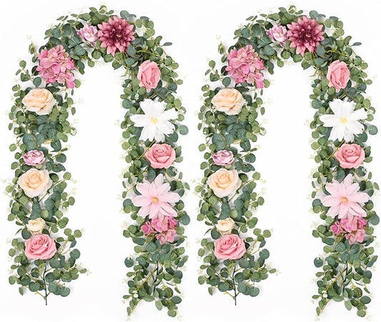 Waipfaru 2Pcs Artificial Flower Garland Decorations, 12.14Ft Eucalyptus Greenery Vines with Pink Roses for Wedding Table Runner Centerpieces Backdrop Room Decor (Pink)