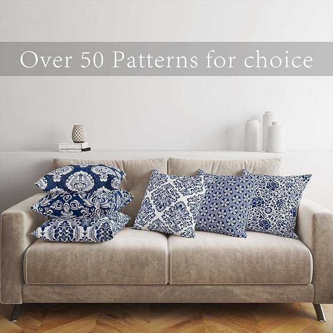 LOVOUS Navy Blue and White Damask Throw Pillow Covers 18x18 Inch Set of 2, Vintage Linen Decorative Pillow Covers for Bed Couch Sofa Bedroom Living Room Home Decor, B12