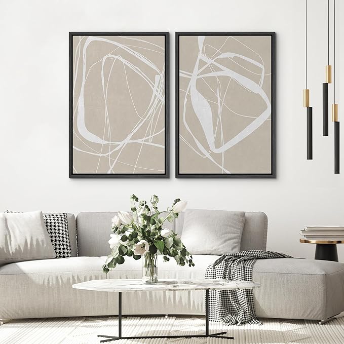 SIGNWIN Framed Canvas Print Wall Art Set Mid-Century Geometric Ring Pattern Abstract Shapes Cozy Neutral Minimalism Decorative Bohemian Relax/Zen for Living Room, Bedroom, Office - 24"x36"x2 Black
