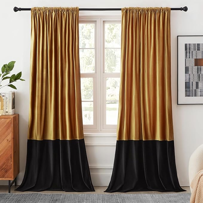 Velvet Curtains 96 inches Long for Living Room Gold Black,2 Panels Blackout Curtains Modern Color Block Back Tab Rod Pocket Soundproof Drapes for Bedroom Window Decor