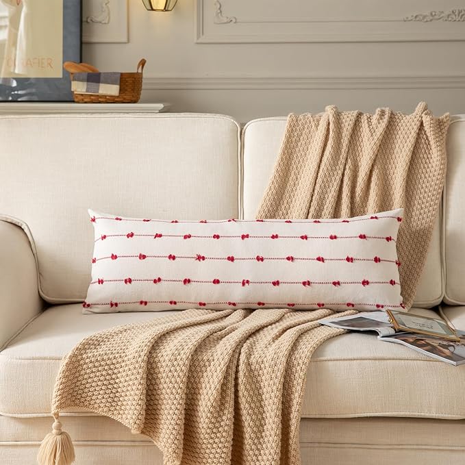 Caflife Boho Christmas Lumbar Pillow Covers 14x36 Long, Farmhouse Decorative Body Lumbar Pillow for Bed and Sofa, Living Room Home Christmas Decor Couch Red Lumbar Pillowcase, Pack of 1