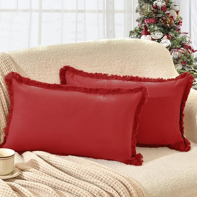 ZWJD Christmas Pillow Covers 12x20 Set of 2 Christmas Throw Pillow Covers with Fringe Chic Cotton Christmas Decorative Pillows Square Cushion Covers for Sofa Couch Bed Living Room Farmhouse Boho Decor