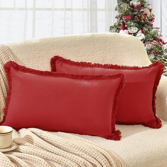 ZWJD Christmas Pillow Covers 12x20 Set of 2 Christmas Throw Pillow Covers with Fringe Chic Cotton Christmas Decorative Pillows Square Cushion Covers for Sofa Couch Bed Living Room Farmhouse Boho Decor