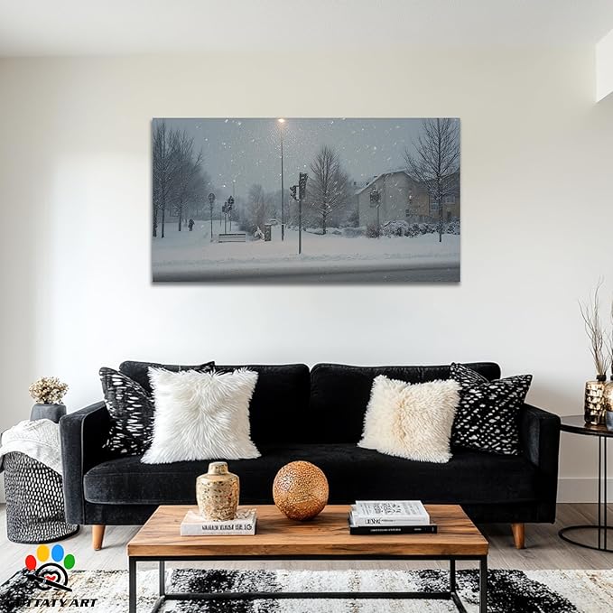 GUTTATY Christmas Winter Scene Canvas Wall Art, Snowy Street Canvas Prints, Tranquil Outdoor Winter Pictures Wall Decor, Seasonal Hanging Artwork for Living Room, Bedroom, Office, 32x16 Inch