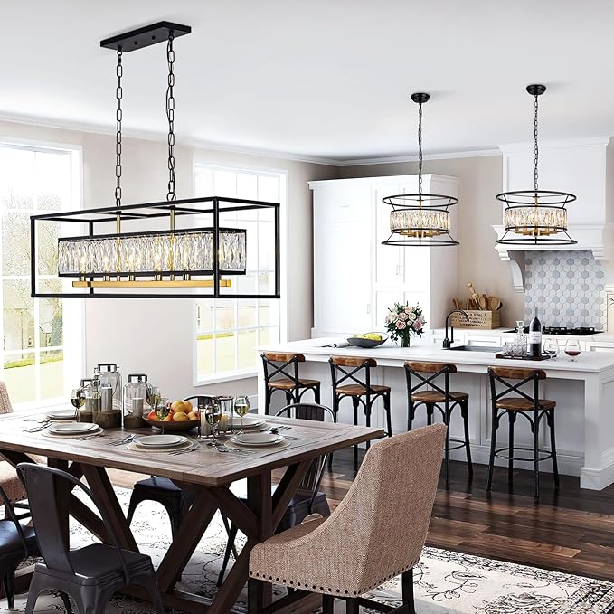 Vezzio Crystal Chandeliers for Dining Room Modern Crystal Chandelier 6-Light Rectangle Contemporary Pendant Light Fixture for Kitchen Island Bar L35 Inch