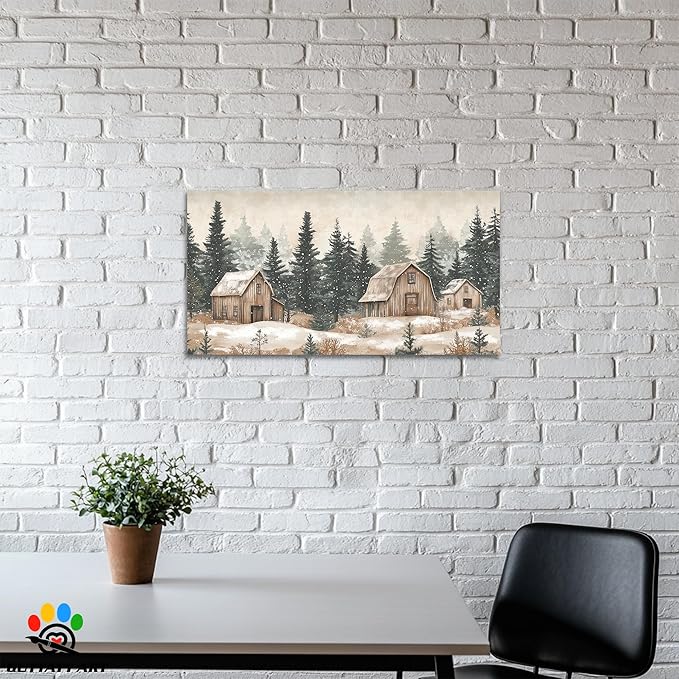 GUTTATY Christmas Winter Scene Canvas Wall Art, Rustic Barn and Forest Wall Paintings, Snowy Holiday Pictures Prints, Cozy Seasonal Canvas Artwork Poster for Living Room Bedroom, 24x12 Inch