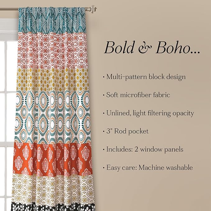 Lush Decor Bohemian Stripe Window Curtain Panels, Pair 52" W x 84" L Turquoise & Orange - Light Filtering Curtains for Bedroom - Boho Curtains - Maximalist Decor
