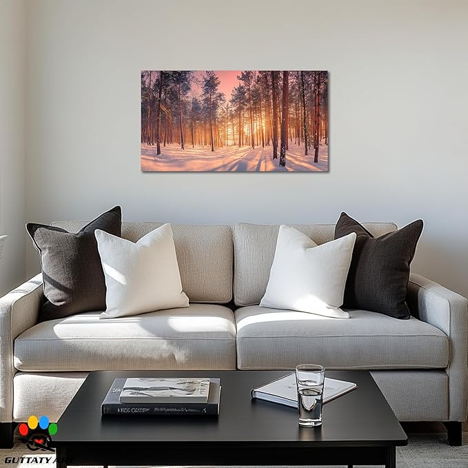 GUTTATY Christmas Winter Scene Canvas Wall Art, Snowy Forest Canvas Prints, Tranquil Sunrise Pine Forest Wall Hanging Artwork, Nature Landscape Poster for Living Room, Bedroom, 40x20 Inch