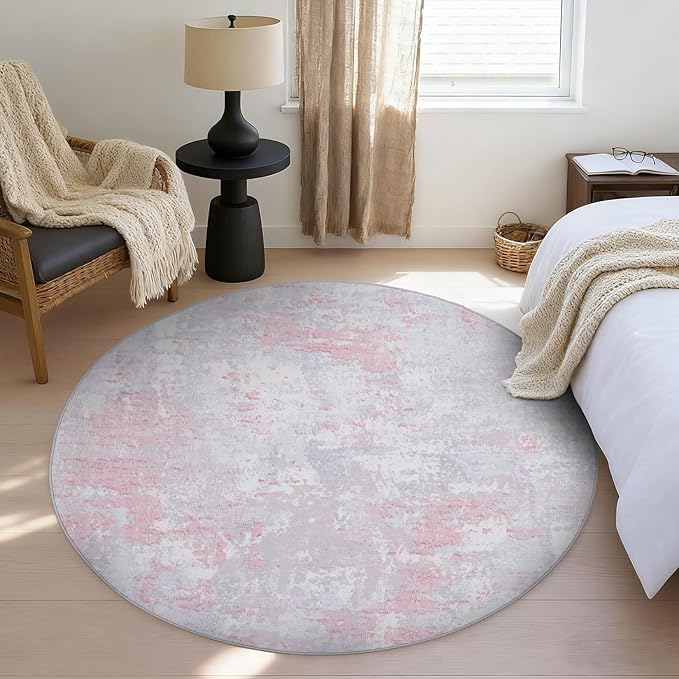 Modern Abstract 8x8 Round Area Rug Non Slip Non Shedding Rug Low Pile Stain Resistant for Bedroom Living Room Office Dining Room,Grey Pink