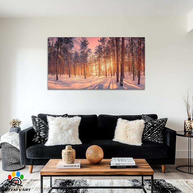 GUTTATY Christmas Winter Scene Canvas Wall Art, Snowy Forest Canvas Prints, Tranquil Sunrise Pine Forest Wall Hanging Artwork, Nature Landscape Poster for Living Room, Bedroom, 60x30 Inch