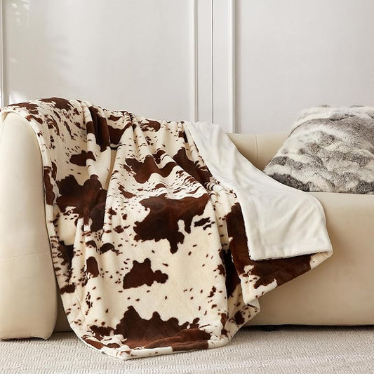 COOVA Faux Rabbit Fur & Flannel Throw Blanket 50x60 Inch - Luxury Fuzzy & Cozy Soft Blanket for All Seasons, Breathable and Comfortable for Bed, Sofa, Couch, and Camping, Cow Print,Brown