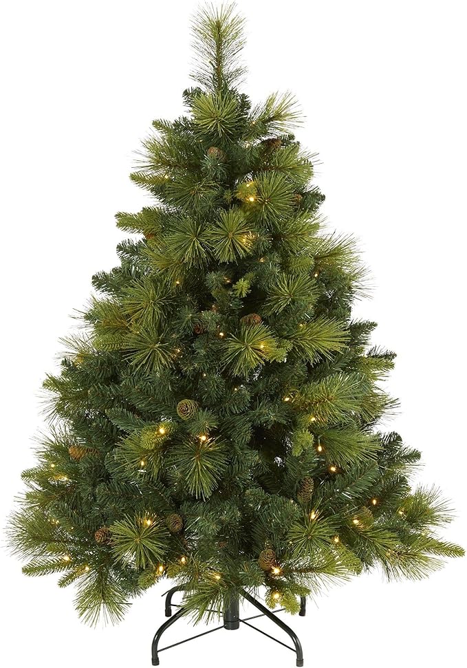 Nearly Natural 4ft. North Carolina Mixed Pine Artificial Christmas Tree with 130 Warm White LED Lights, 459 Bendable Branches and Pinecones