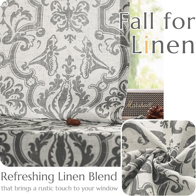 jinchan Linen Curtains for Bedroom Grey Damask Patterned Curtains 72 Inches Long for Living Room Light Filtering Vintage Baroque Style Drapes Grommet Window Treatments 2 Panels Set
