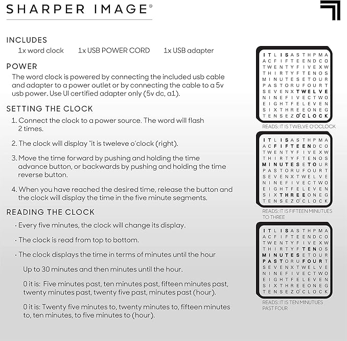 Sharper Image® LED Word Clock – 7.75" Light-Up Digital Clock for Desk & Wall| Modern Time Display Accent Clock| Unique Home Office Décor| Living Room Kitchen Bedroom| Housewarming Gift for Men & Women
