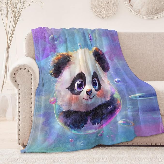 Cute Panda Bubble Blanket, Cozy Flannel Big Eyes Pandas Throw Blanket, Soft Fuzzy Blankets for Travel Home Decor, All Season Lightweight Couch Bed Cover, Gifts for Women Adults Kids 60"×80"