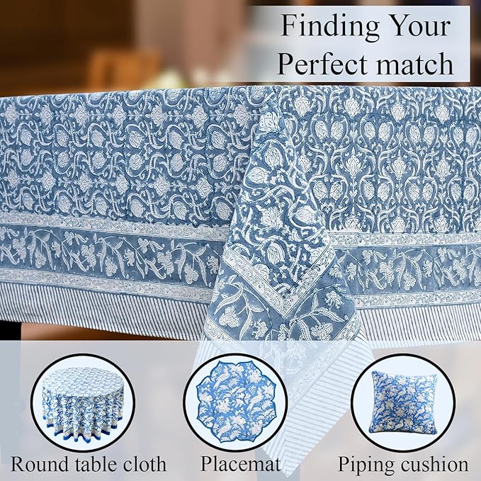 CPC Azure Regal Tablecloth 100% Cotton 72x140 Inch Indian Block Print Rectangle Table Cover, Table Cloth for Gifting in Weddings, Halloween, Fall, Christmas, Thanksgiving