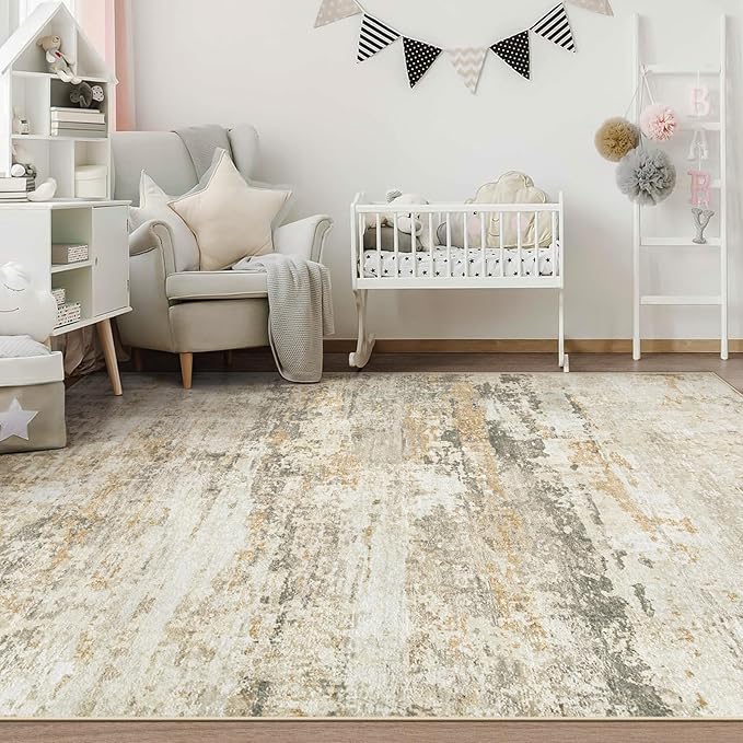 Area Rugs 6x9 for Living Room: Washable Rug Modern Abstract Neutral Soft Non-Slip Low-Pile Indoor Carpet for Bedroom Dining Room Playroom Home Office (Beige Grey Brown, 6'x9')