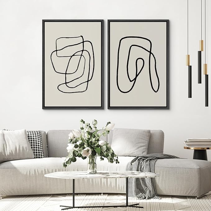 SIGNWIN Framed Wall Art Print Set Black Lines Over Tan Plain Background Abstract Swirly Cozy Neutral Modern Art Mid-Century Modern Expressive for Living Room, Bedroom, Office - 16"x24"x2 Black