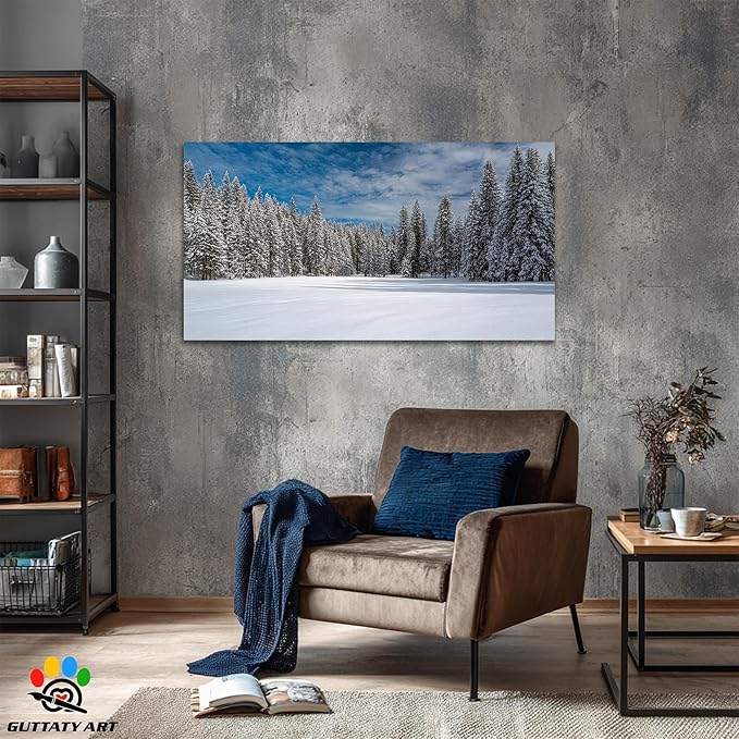 GUTTATY Christmas Winter Scene Canvas Wall Art, Snowy Forest Canvas Prints, Tranquil Blue Sky Wall Decor, Modern Poster Picture for Living Room, Holiday Wall Hanging Artwork, 60x30 Inch
