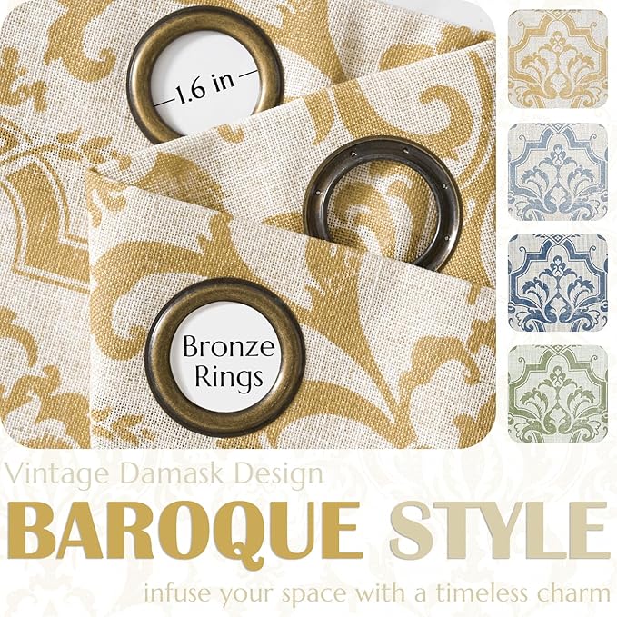 jinchan Curtains for Bedroom, Light Filtering 63 Inch Length 2 Panels Set, Farmhouse Style Linen Blend Drapes Living Room, Vintage Damask Curtains, Grommet Top Mustard Yellow on Flax, W52 X L63