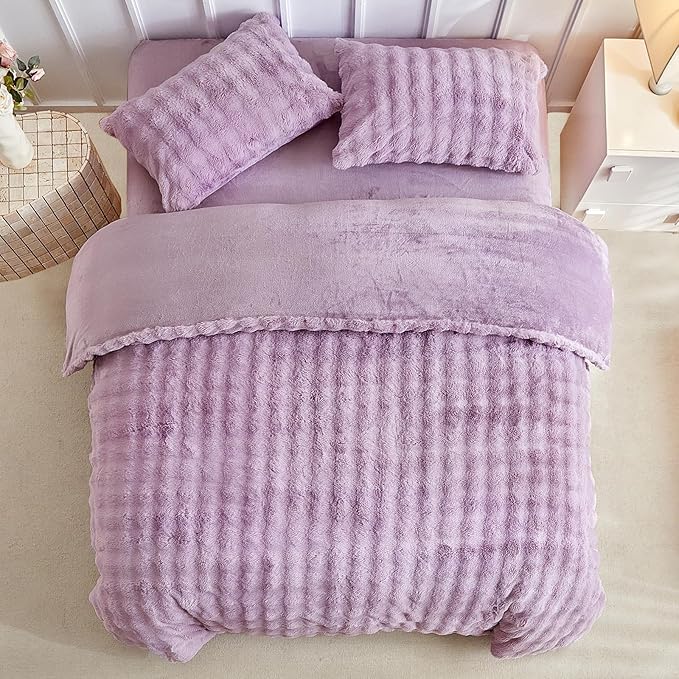Tokokimo Fluffy Fleece King Size Duvet Cover Set, Ultra Soft Reversible Heavyweight Bedding Set, Extra Warm Winter Duvet Cover Set with 2 Pillow Cases, All Season Fuzzy Comforter Cover Set, Purple