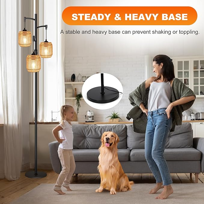 Boho Floor Lamps for Living Room, 65'' Dimmable Farmhouse Rattan Standing Lamp with LED Bulbs, 3 Light Tree Rustic Tall Lamps for Bedroom, Office, Rotary Switch