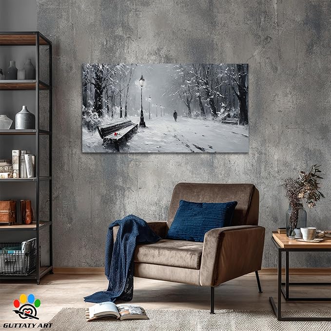 GUTTATY Christmas Winter Scene Canvas Wall Art, Snowy Park Pictures Print, Monochrome Wall Decor with Bench and Lamp, Fine Canvas Artwork for Living Room, Bedroom, Office, Holiday Gift, 60x30 Inch