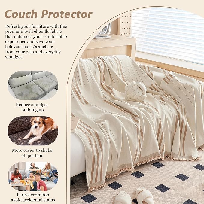 DREAMINGO Chenille Armchair Cover Jacquard Sofa Covers Washable Furniture Protector Recliner Couch Cover 1 Cushion Reversible Chair Cover Beige Coffee Striped Couch Cover Blanket 71"x 71"