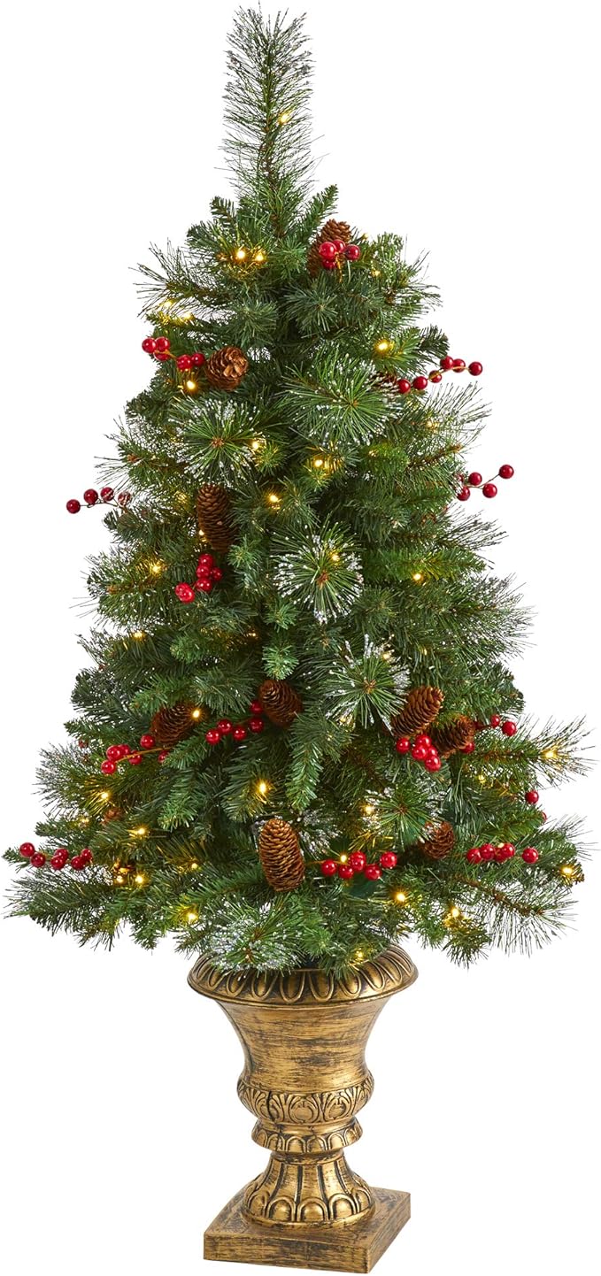 Nearly Natural 4ft. Pine, Pinecone and Berries Artificial Christmas Tree with 100 Clear LED Lights in Decorative Urn