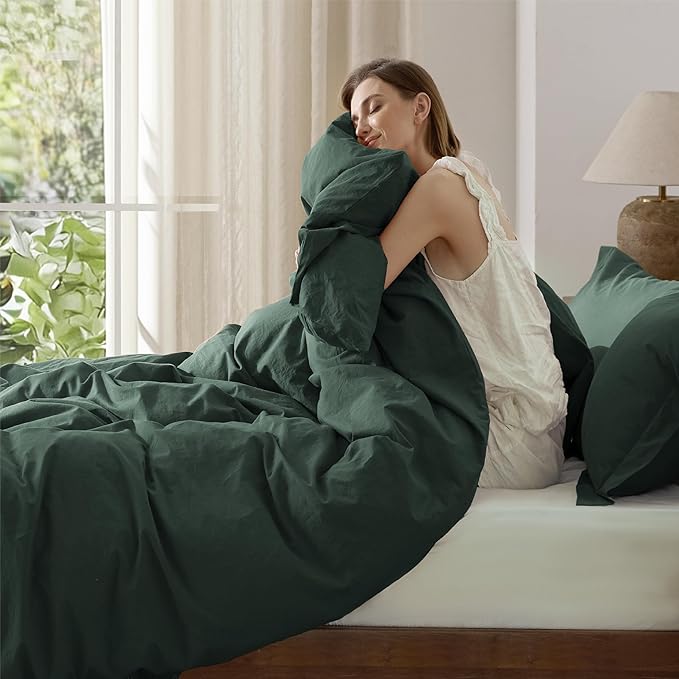 Bedsure 100% Washed Cotton Duvet Cover King Size - Forest Green Minimalist Cotton Duvet Cover Linen Like for All Seasons - GentleSoft™ Plain Simple Bedding (Forest Green, King, 104"x90")