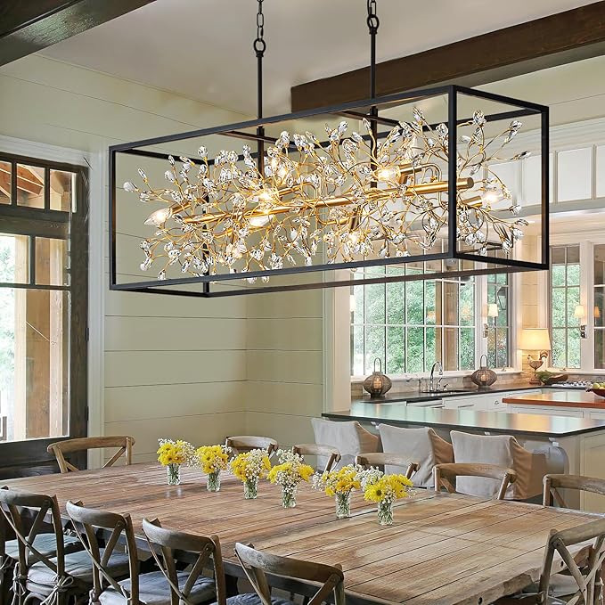 Vezzio Black and Gold Chandelier, 10-Light Rectangle Crystal Chandeliers Rectangular Modern Luxury Pendant Light Fixture for Dining Room Large Kitchen Island, L48 Inch