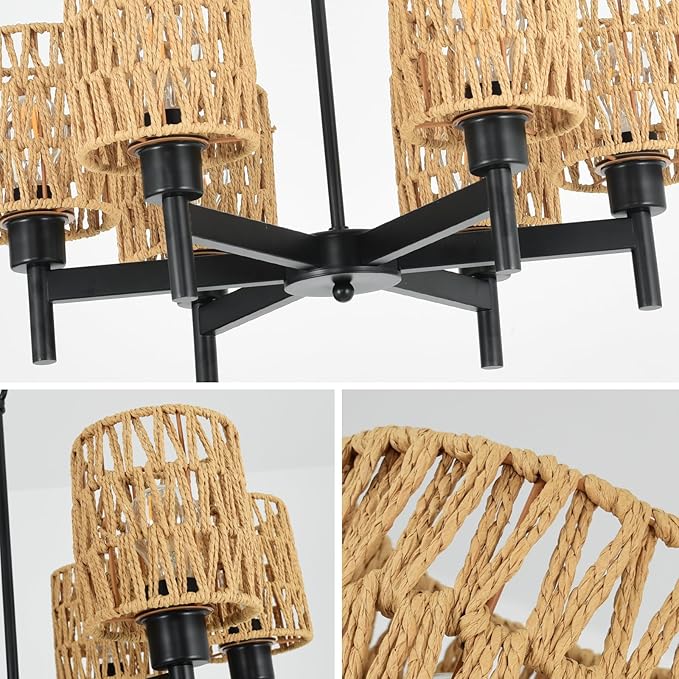 6-Light Boho Rattan Chandeliers for Dining Room Black Farmhouse Pendant Lights Kitchen Island Adjustable Height Rustic Chandelier for Living Room Bedroom Entryway Foyer E26 Base