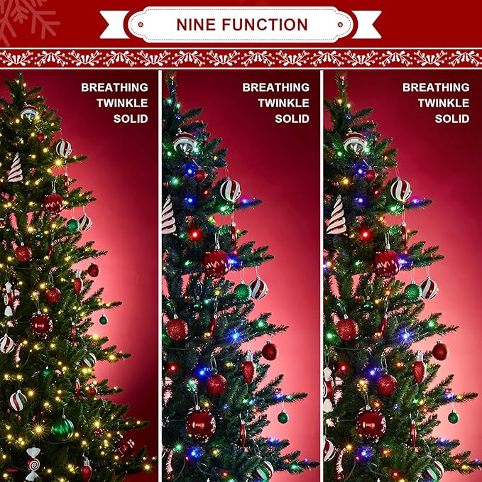 Glitzhome 7.5ft Prelit Christmas Tree, Artificial Christmas Tree Emerald Elegance Slim Green Fir Tree with 400 LED Lights, 1336 Branch Tips, 9 Functional Warm White/Multi-Color, Remote Controller