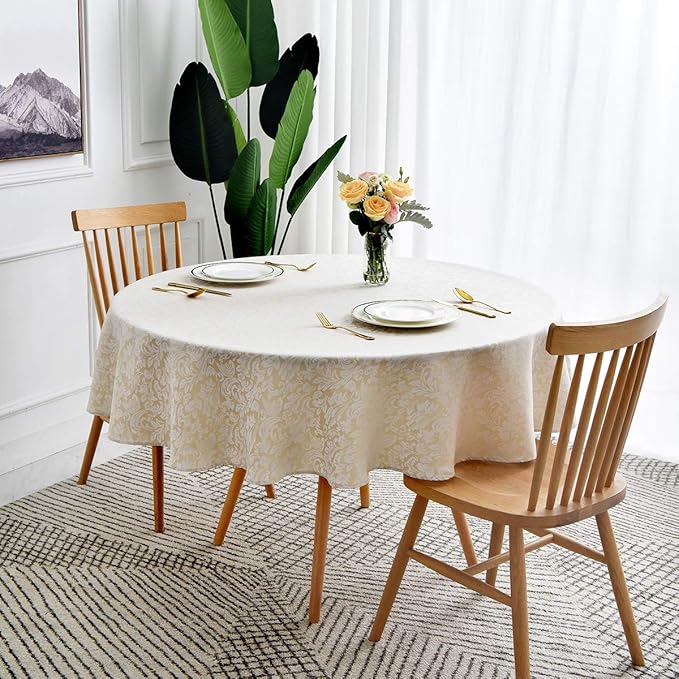 maxmill Jacquard Round Table Cloth Damask Design Waterproof Antiwrinkle Heavy Weight Soft Tablecloths for Circular Table Cover and Kitchen Dinning Tabletop Round 70 Inch Beige with White