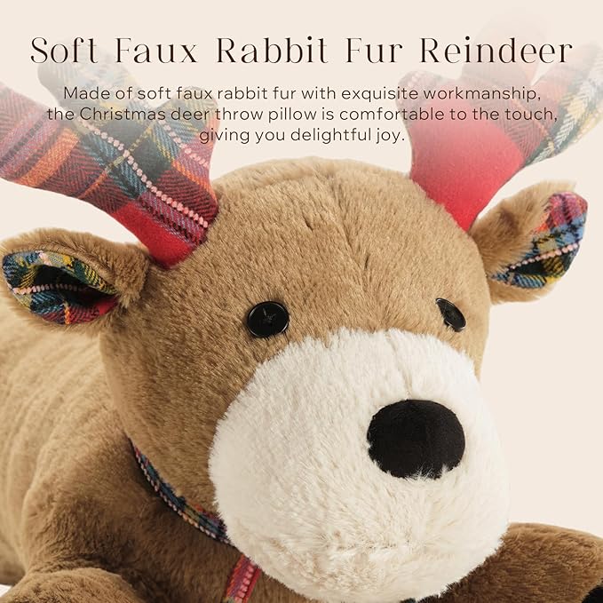 Phantoscope Christmas Animal Series, Reindeer Shaped Throw Pillow with Bell, Faux Rabbit Fur Christmas Body Pillow Decorative Pillows for Couch Sofa Bed, Light Brown Reindeer 30.5 x 9 inches