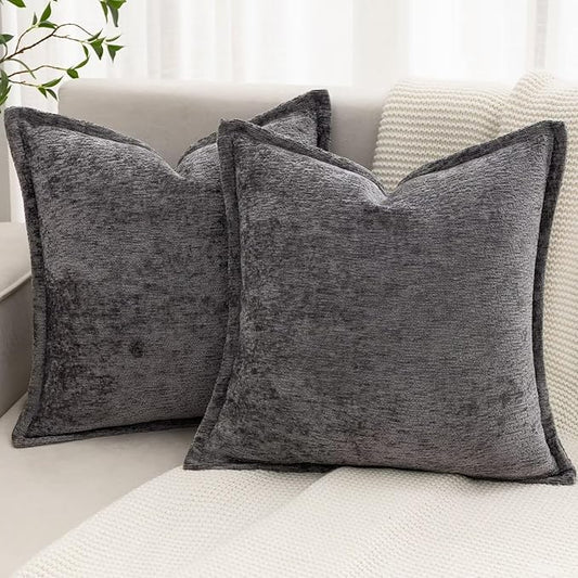 Grey Decorative Throw Pillow Covers 24x24 Inch Set of 2 Cozy Soild Chenille Cushion Cases Soft Textured Square Couch Pillows Cover Boho Accent Farmhouse Pillowcases for Sofa Bed