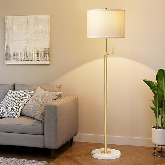PARTPHONER Floor Lamp for Living Room, 66'' Adjustable Height Standing Lamp with Marble Base, 3-Color Tall Lamps with Pull Chain, Suitable for Bedroom, Reading, Office (Bulb Included, White Shade)