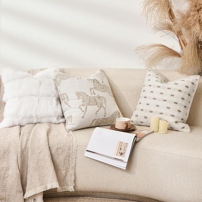 Luxury Equestrian Pillow Cover 18x18 Inch, Beige Chenille Jacquard Embroidered Horse Design, Double-Sided Decorative Throw Pillow Case for Sofa, Couch, Chair, Living Room, Bedroom