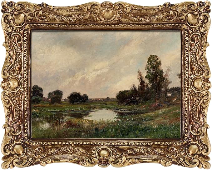 FOLKOR Framed Canvas Wall Art, Home Decor Vintage Scenery Field River Oil Painting Wall Art Prints, Retro Nature Landscape Wall Decor for Living Room Bedroom Home Bathroom, 5x7