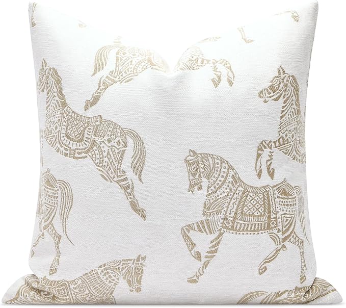 20x20 Throw Pillow Cushion Cover, Beige Horse Chenille Jacquard Embroidered Couch Pillow Covers, Modern Style Decorative Sofa Pillow Covers for Bed Bedroom Living Room