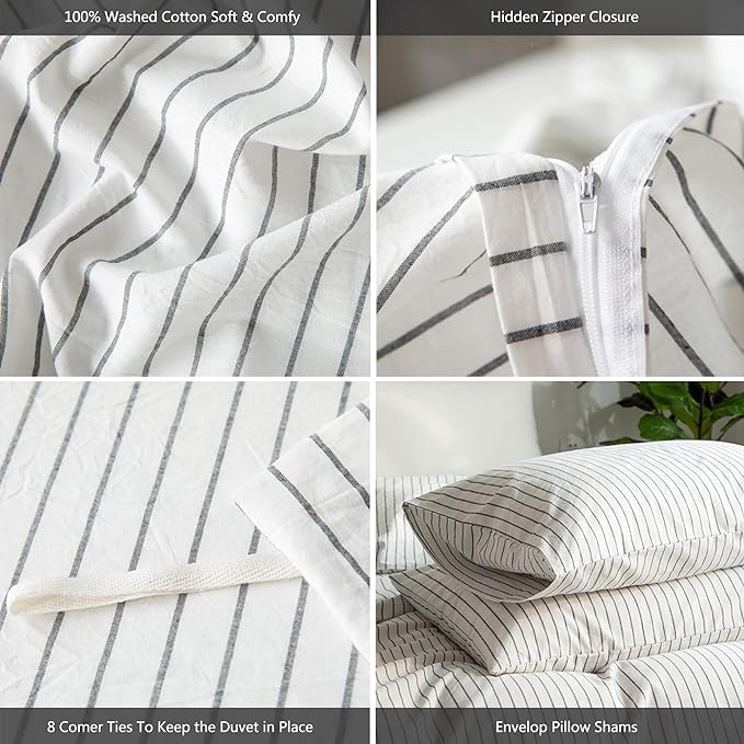 MooMee Striped Duvet Cover Set 100% Washed Cotton Linen Like Textured Breathable Durable Soft Comfy (White Dark Grey Wide Stripes, Queen 90"x90")