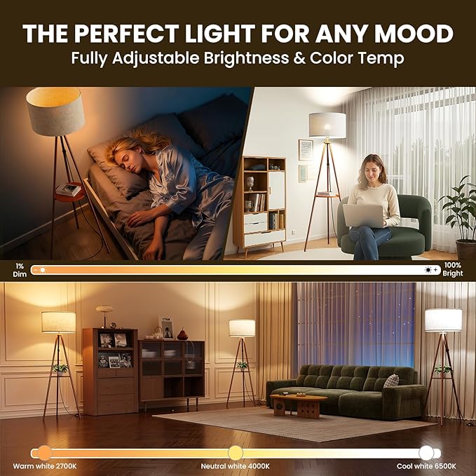 Tripod Floor Lamp with Shelves, Mid Century Modern Metal Standing Lamp with Remote & App Control, Dimmable RGB Smart Bulb Included, E26 Base for Living Room, Bedroom, Office - Boho Decor